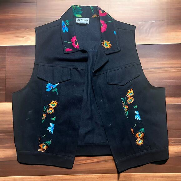 VINTAGE 90s Lori Lundon Floral Denim Vest Black Emo Punk Open Wear Size Large - Picture 1 of 6